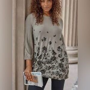 NWT J.Jill Wearever Women’s Grey Floral 3/4 Sleeve Tunic Top | Size M